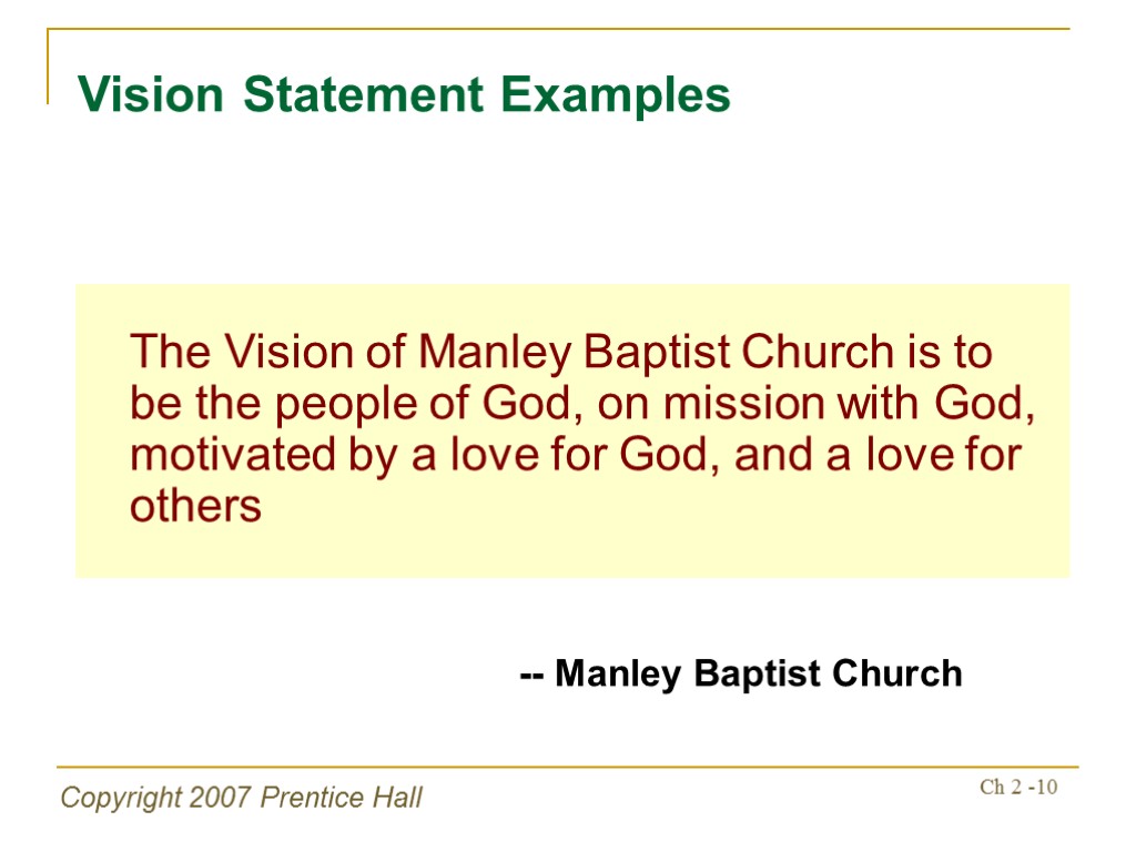 Copyright 2007 Prentice Hall Ch 2 -10 The Vision of Manley Baptist Church is